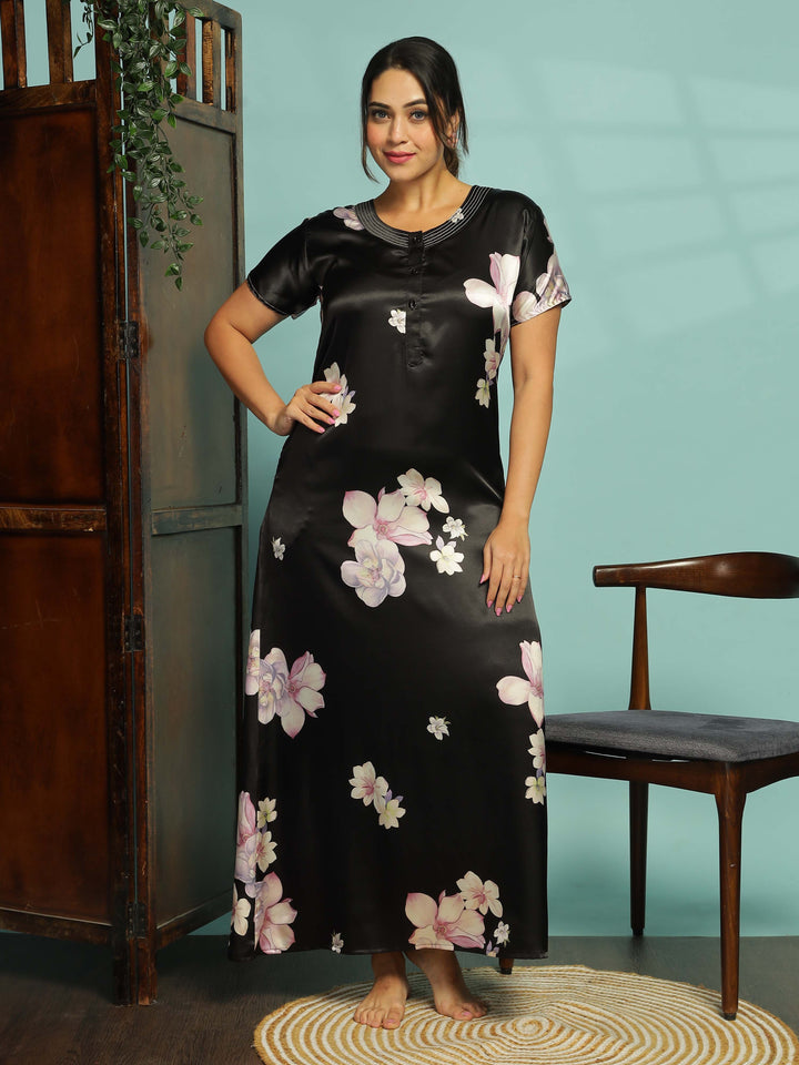 Luxurious Midnight Black Satin Nighty with Floral Patterns