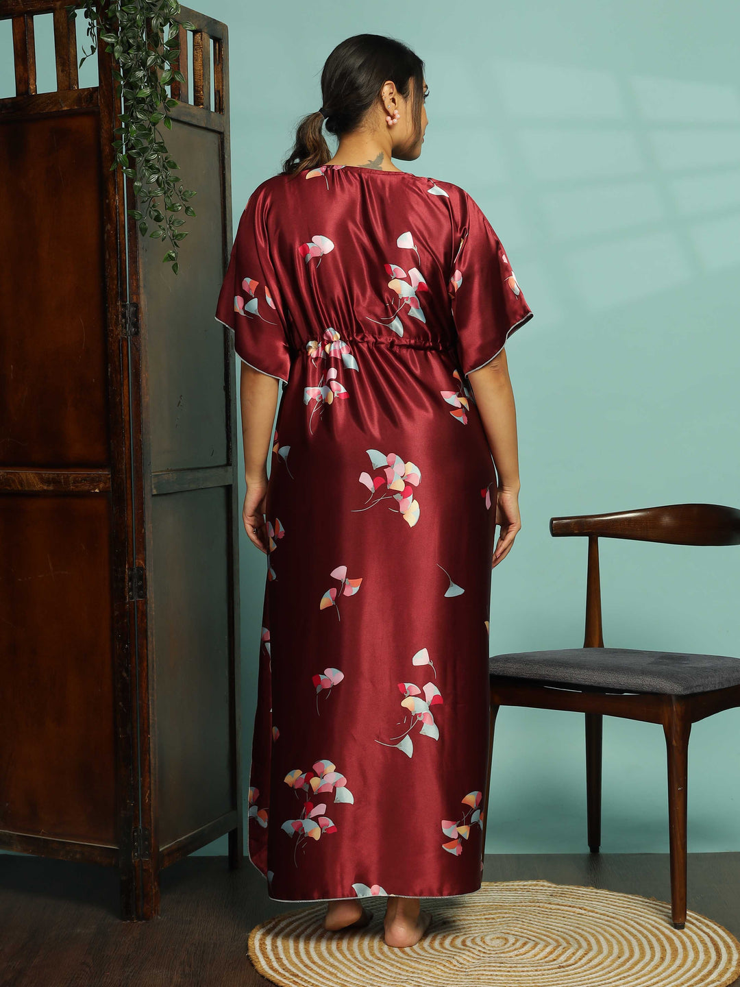 Elegant Maroon Satin Kaftan Nightdress for Comfort & Style