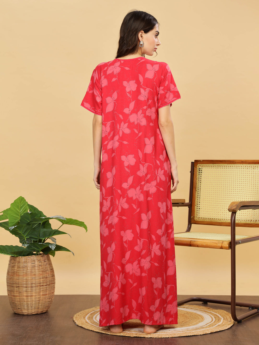 Stylish Red Smoky Pleated Nightdress For Women