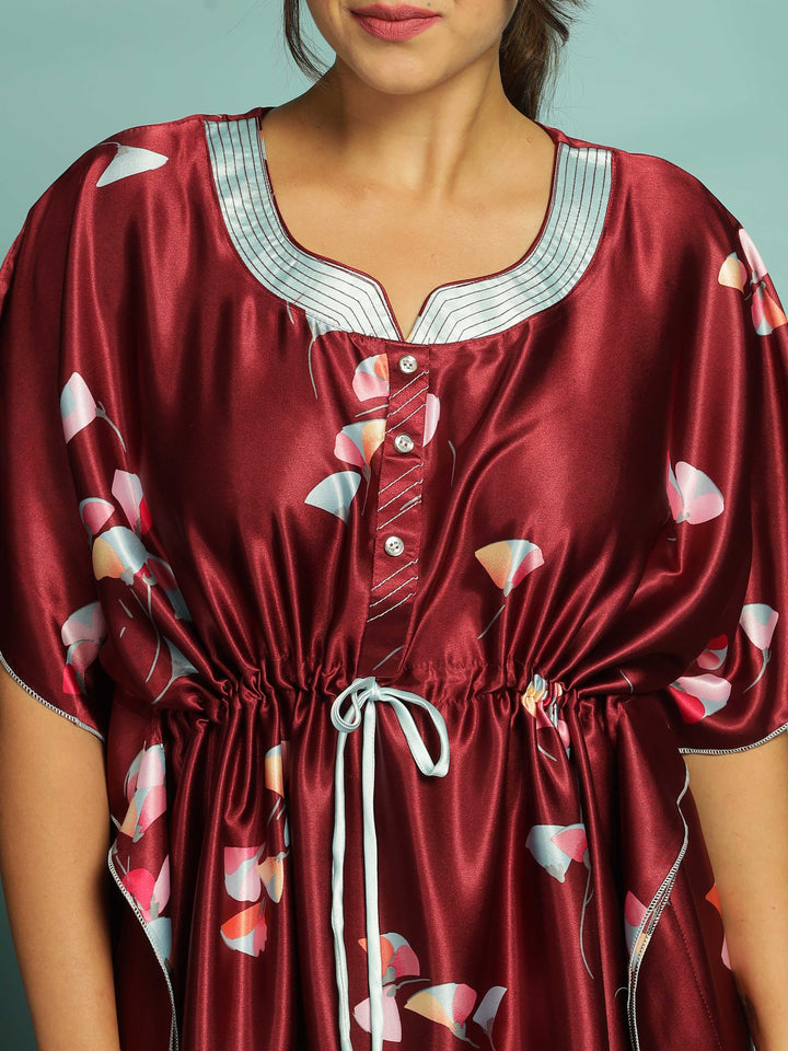 Elegant Maroon Satin Kaftan Nightdress for Comfort & Style