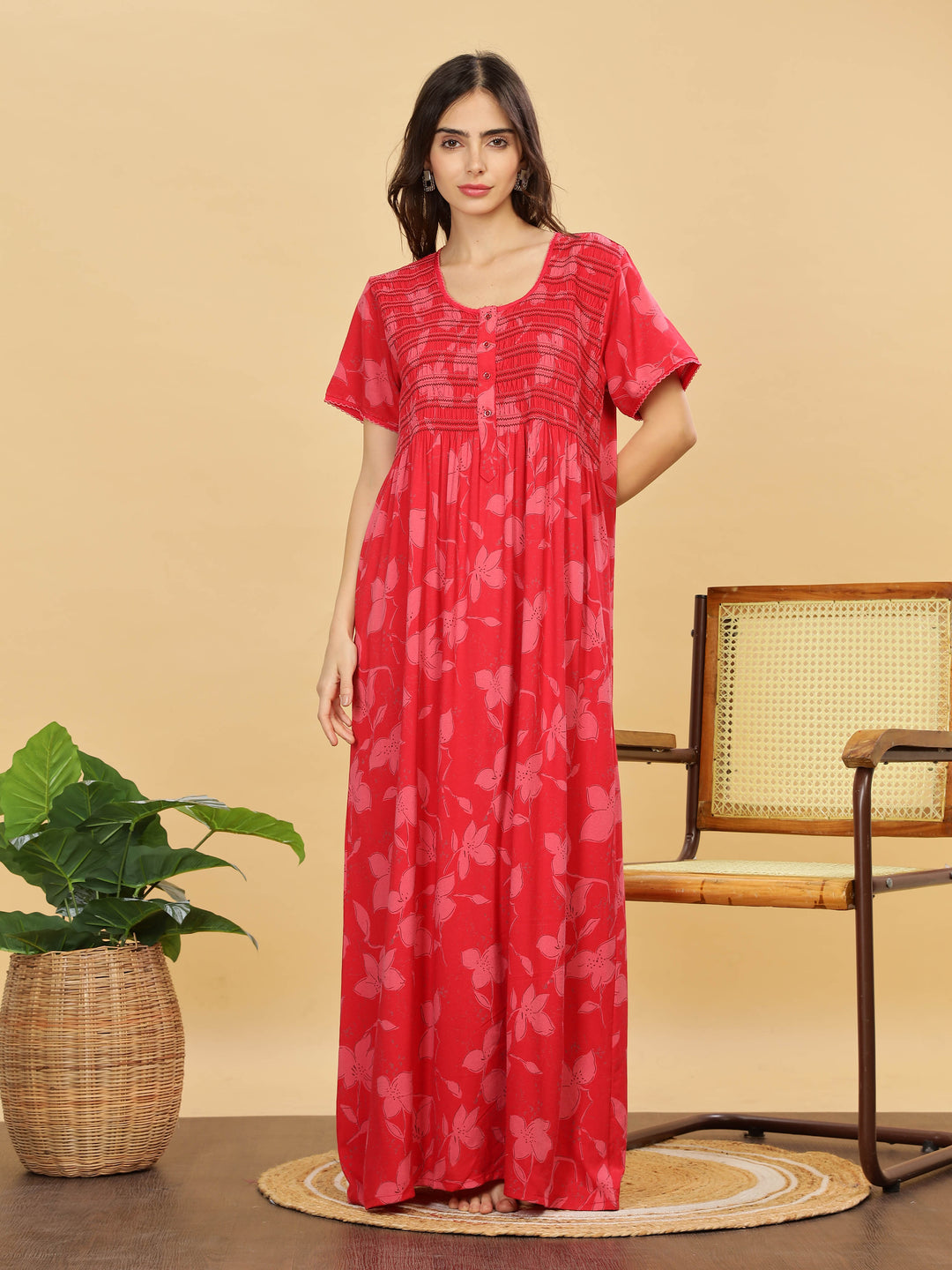 Stylish Red Smoky Pleated Nightdress For Women