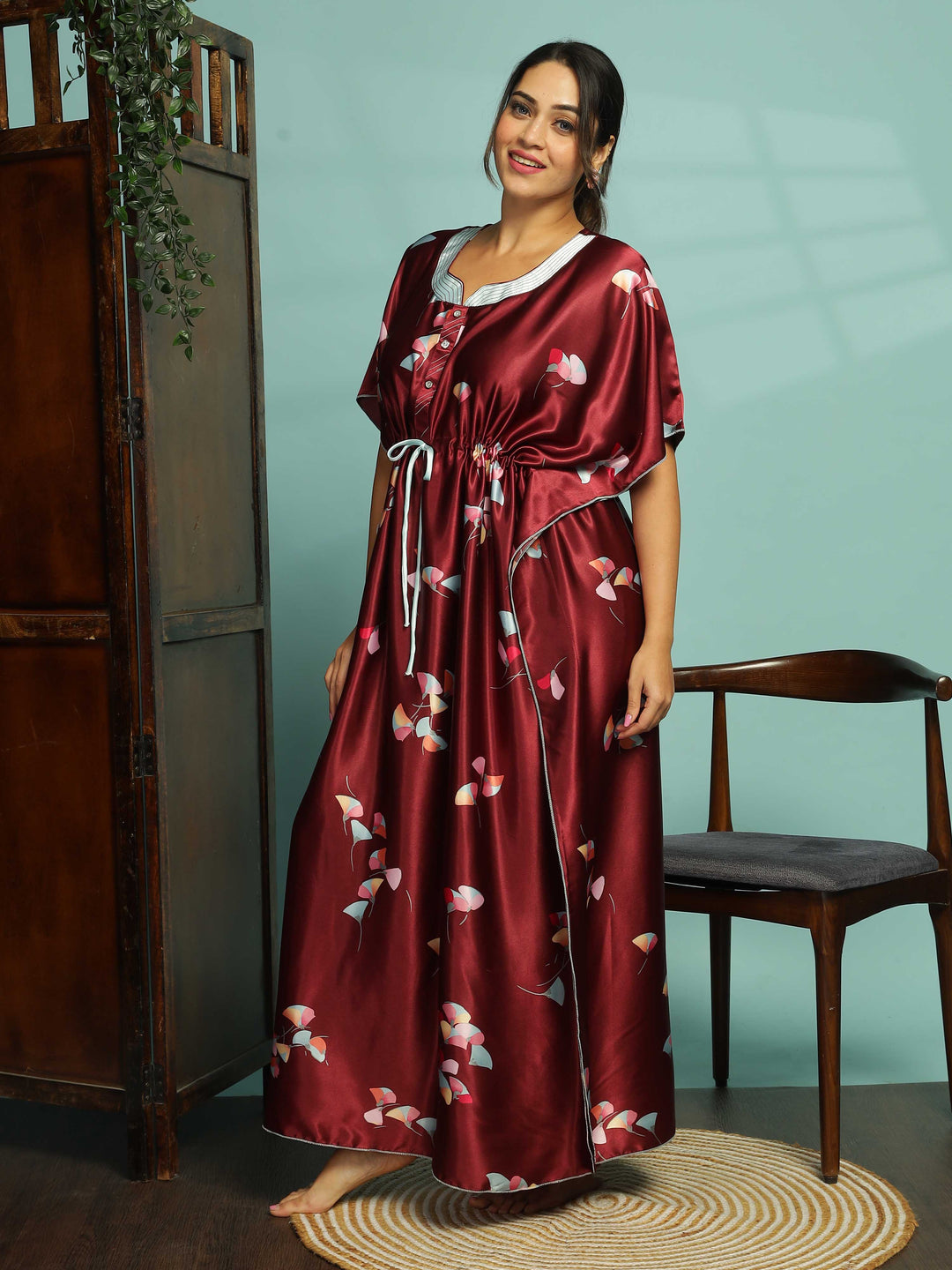 Elegant Maroon Satin Kaftan Nightdress for Comfort & Style