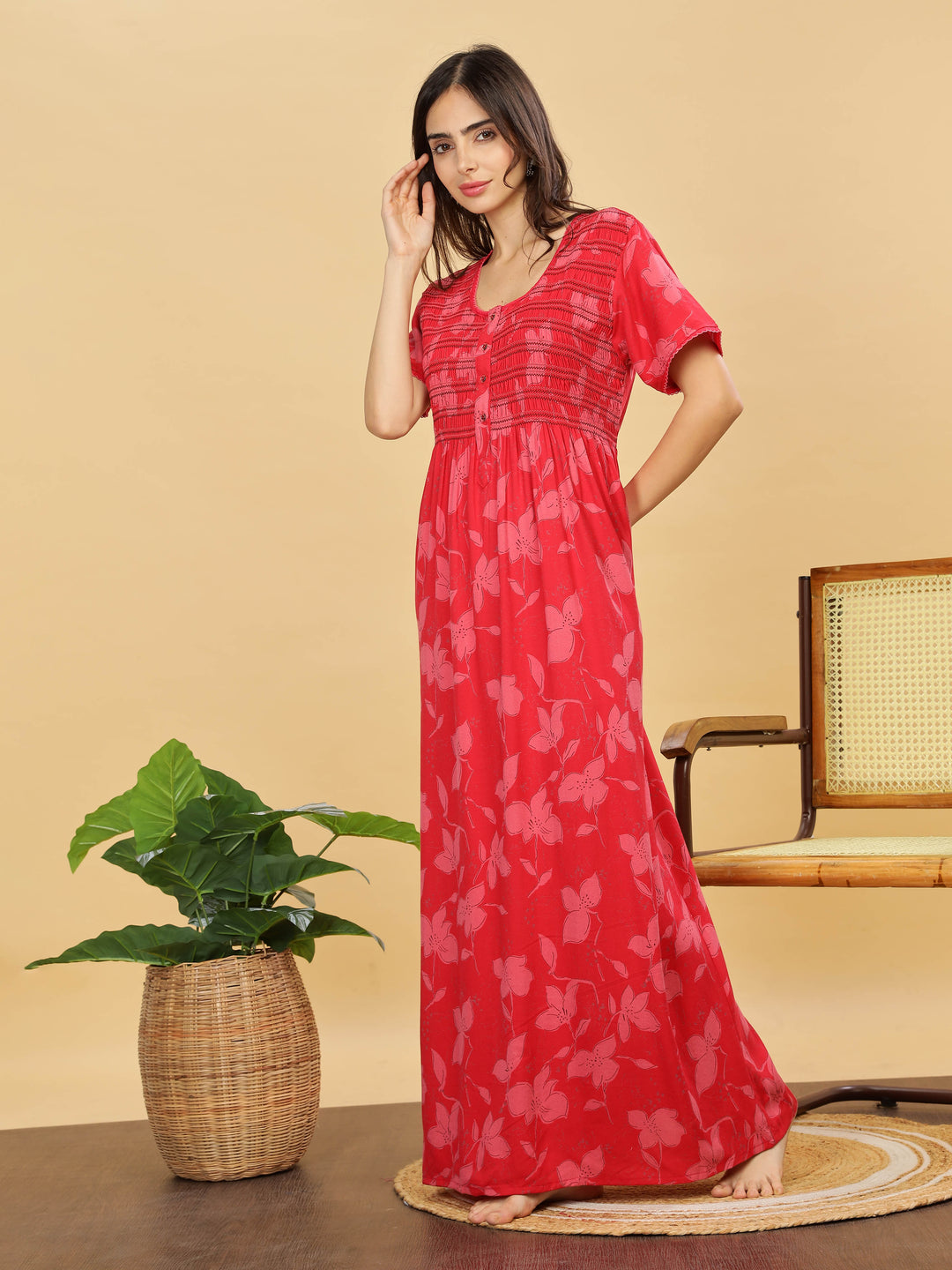 Stylish Red Smoky Pleated Nightdress For Women