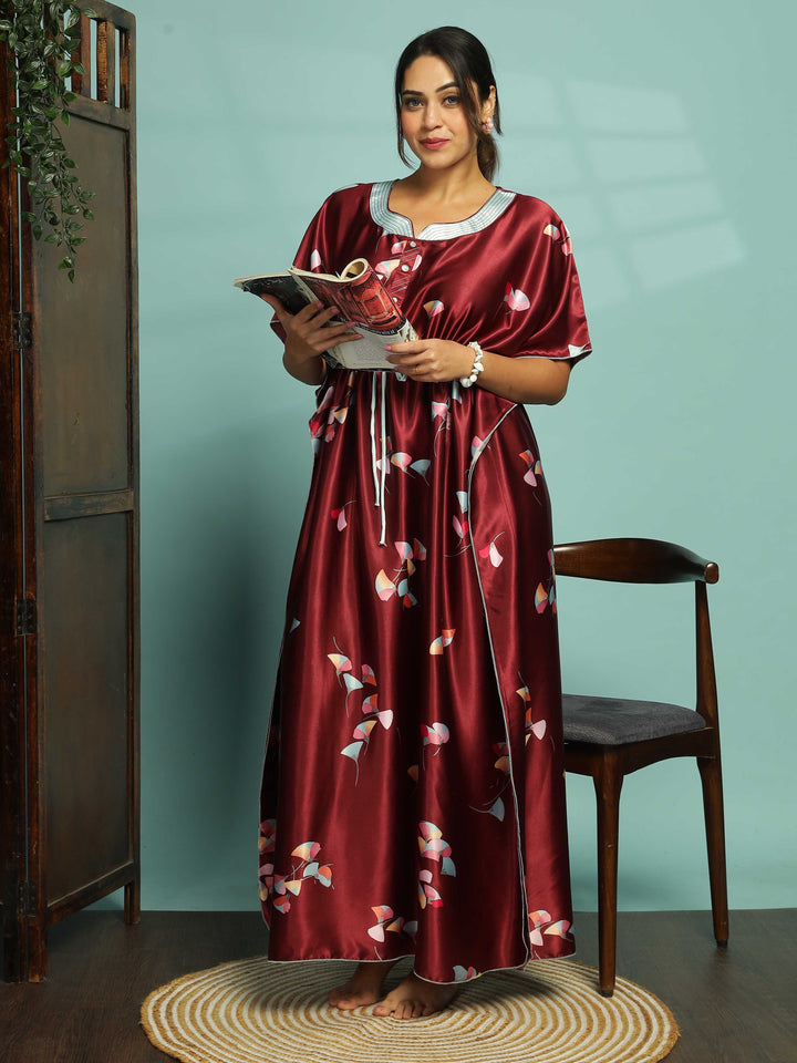 Elegant Maroon Satin Kaftan Nightdress for Comfort & Style