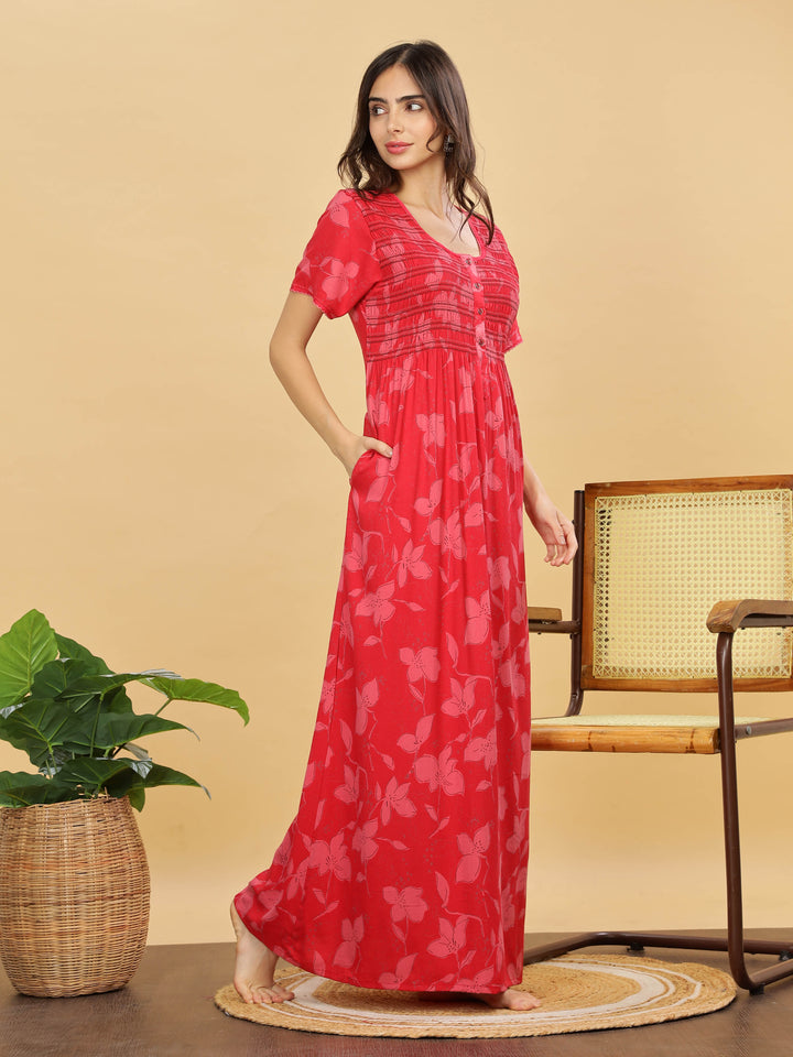 Stylish Red Smoky Pleated Nightdress For Women