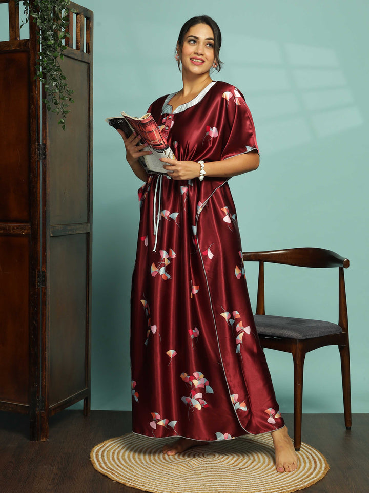 Elegant Maroon Satin Kaftan Nightdress for Comfort & Style