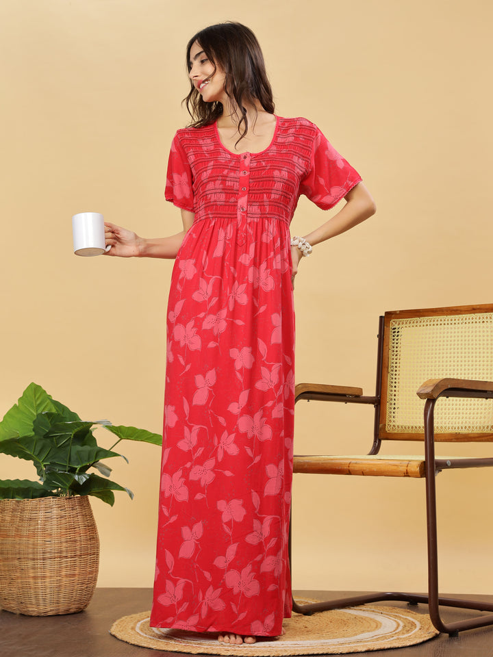 Stylish Red Smoky Pleated Nightdress For Women