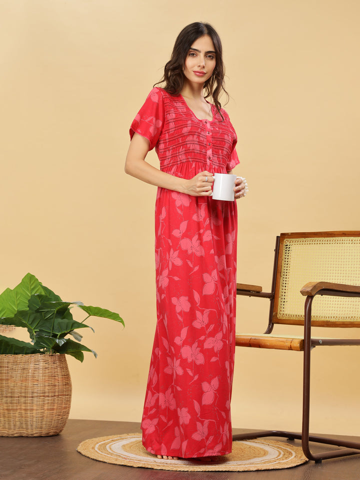 Stylish Red Smoky Pleated Nightdress For Women