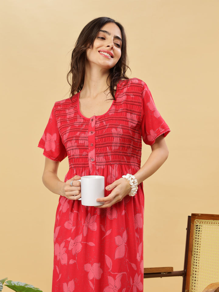 Stylish Red Smoky Pleated Nightdress For Women