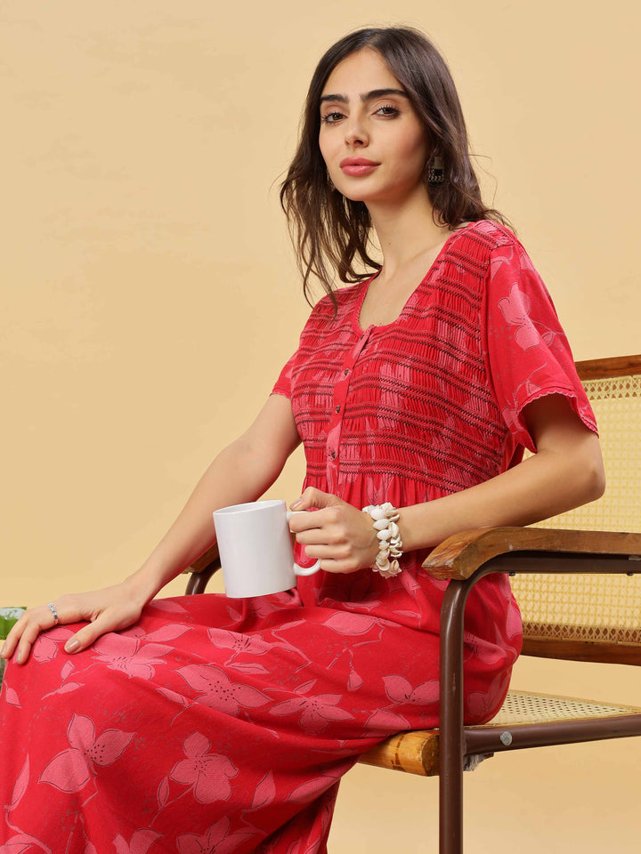 Stylish Red Smoky Pleated Nightdress For Women