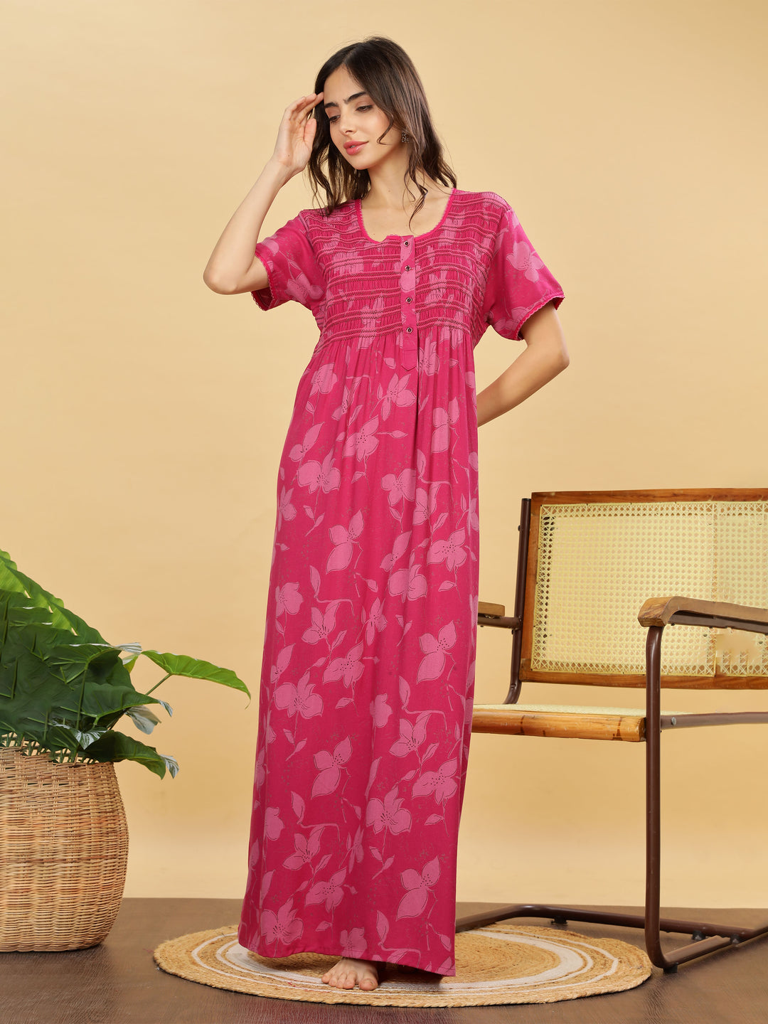 Rani Pink Smoky Pleated Maxi Nighty with Pocket