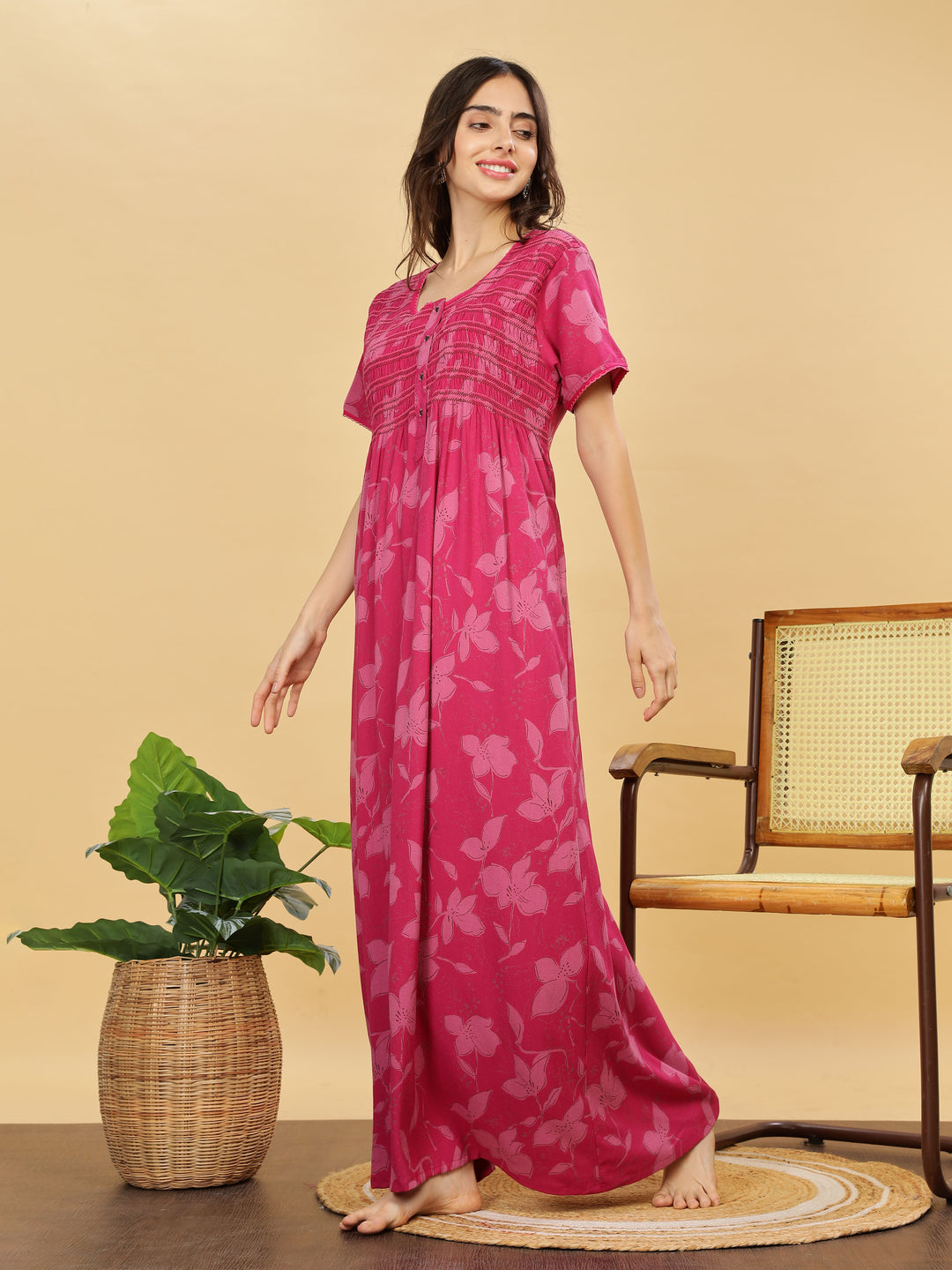 Rani Pink Smoky Pleated Maxi Nighty with Pocket