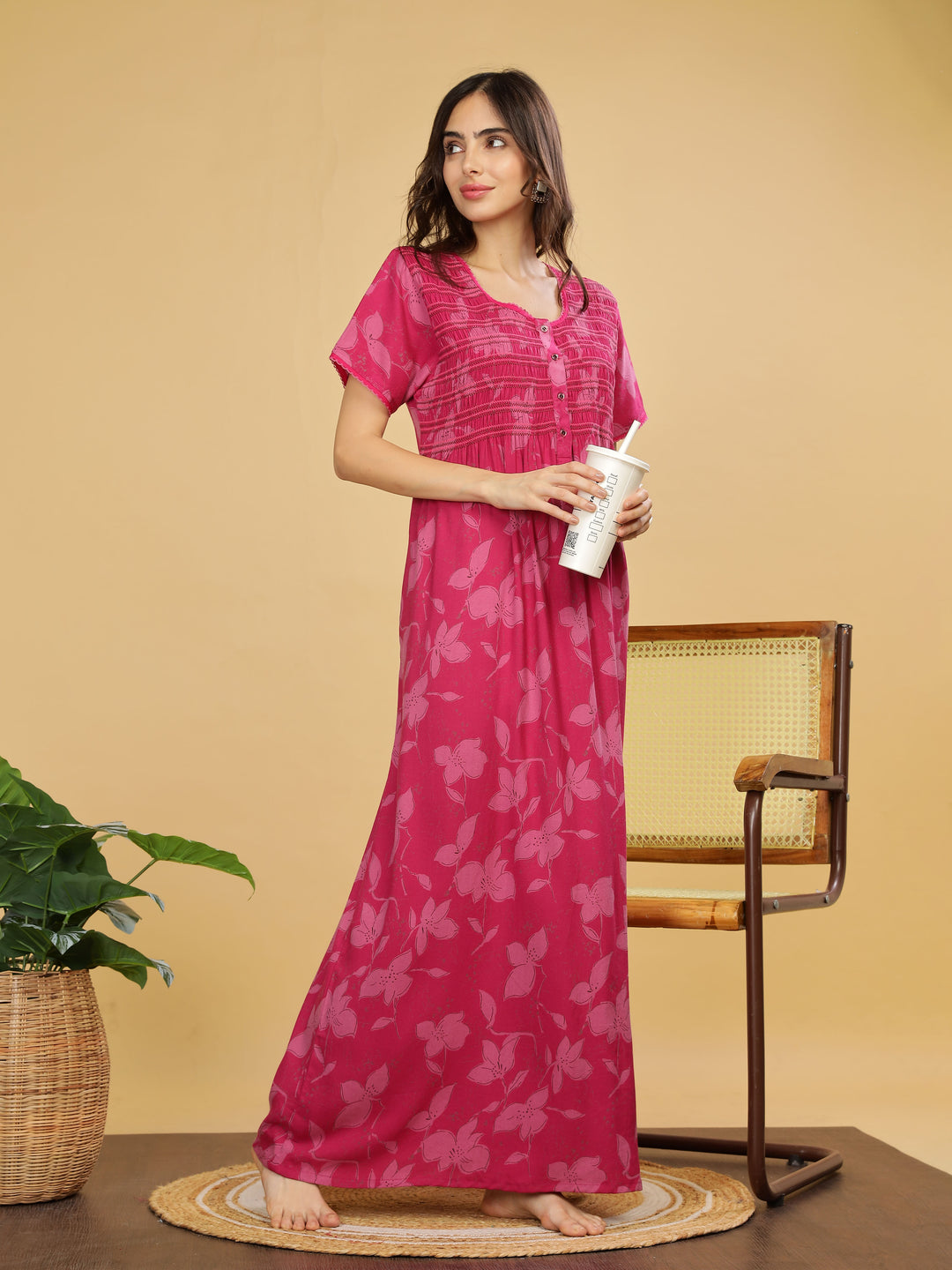 Rani Pink Smoky Pleated Maxi Nighty with Pocket