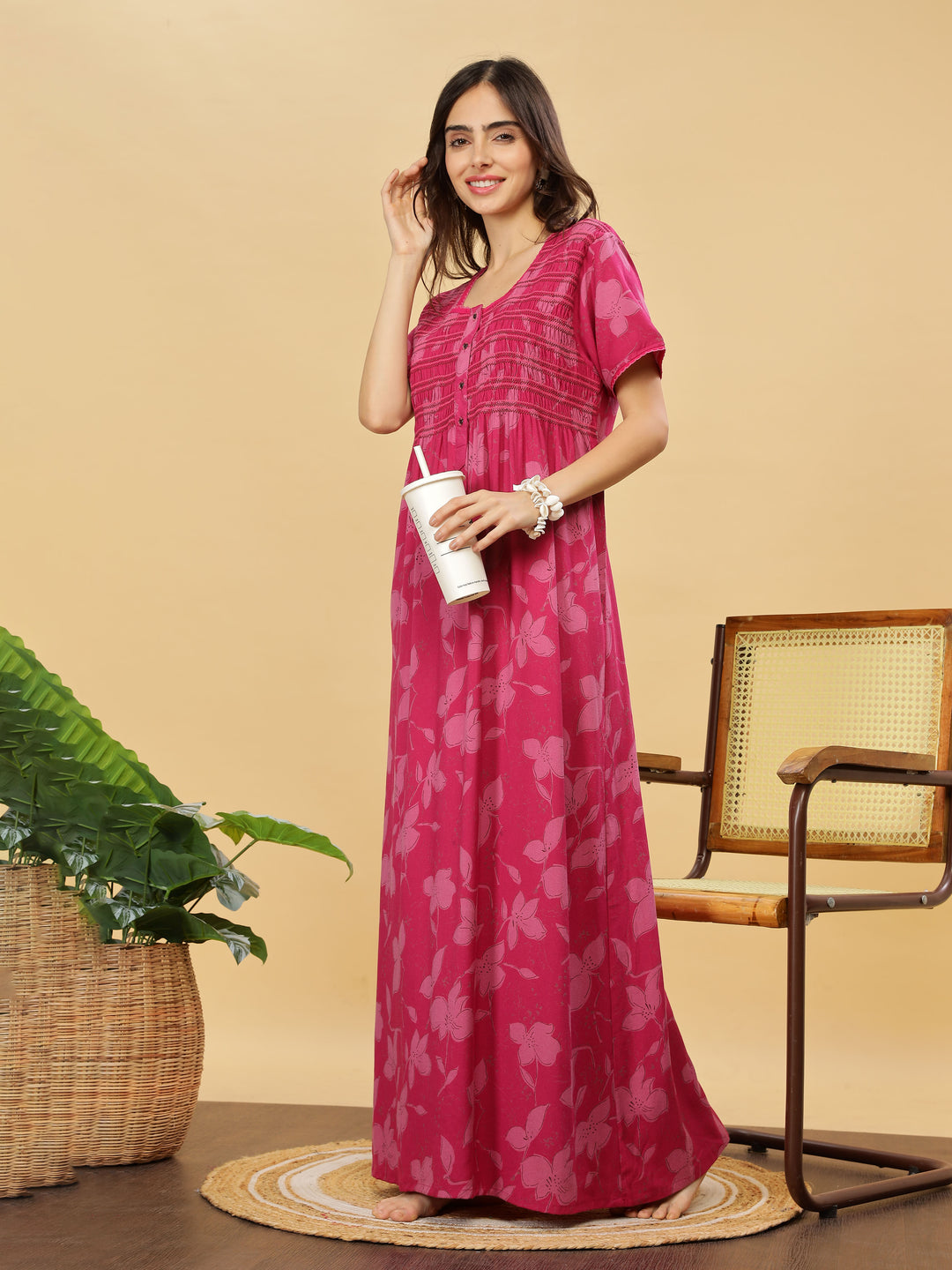 Rani Pink Smoky Pleated Maxi Nighty with Pocket