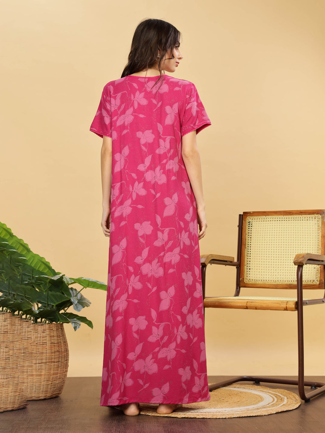 Rani Pink Smoky Pleated Maxi Nighty with Pocket