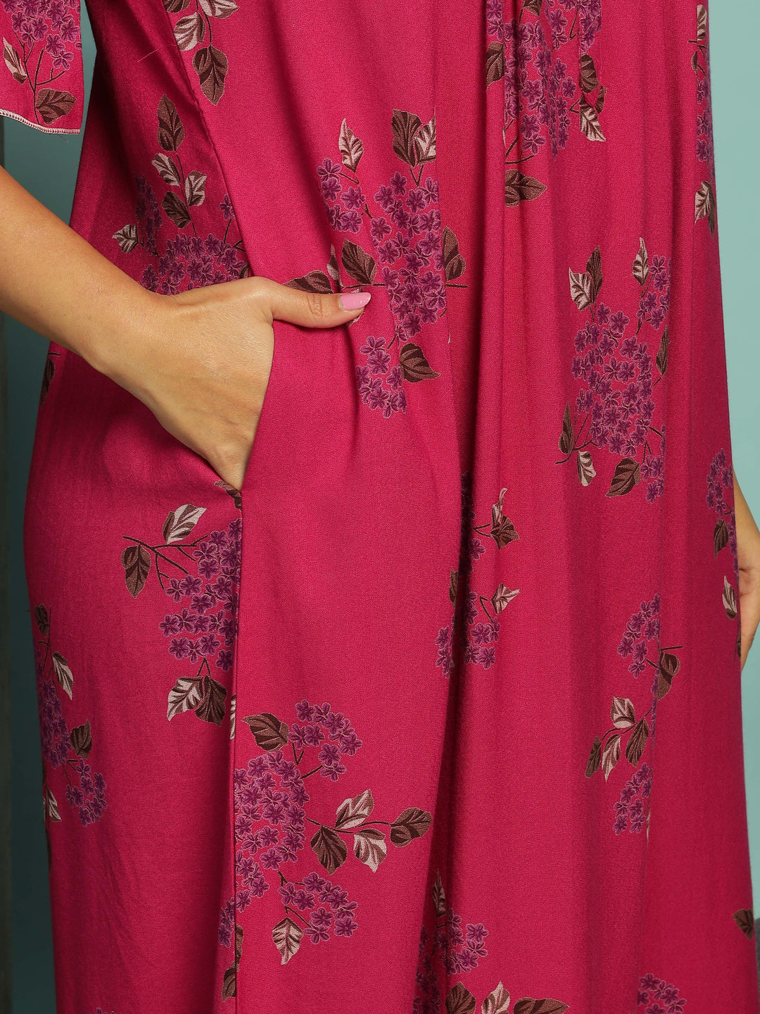 Magenta Designer Nighty for Women With Elegant Floral Maxi Gown