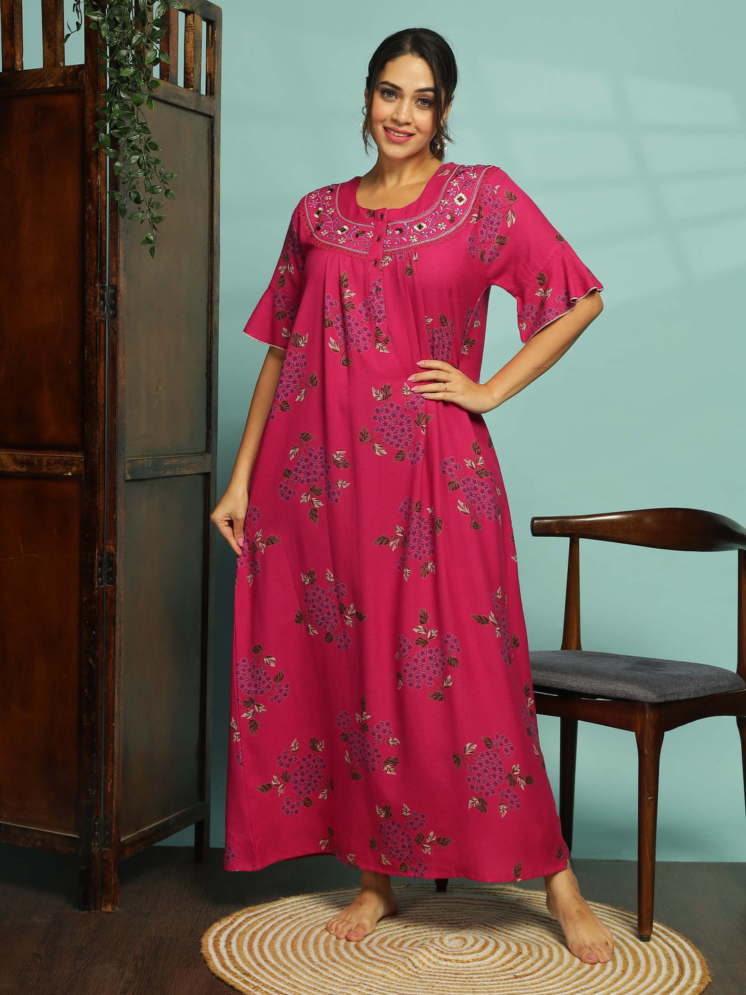 Magenta Designer Nighty for Women With Elegant Floral Maxi Gown