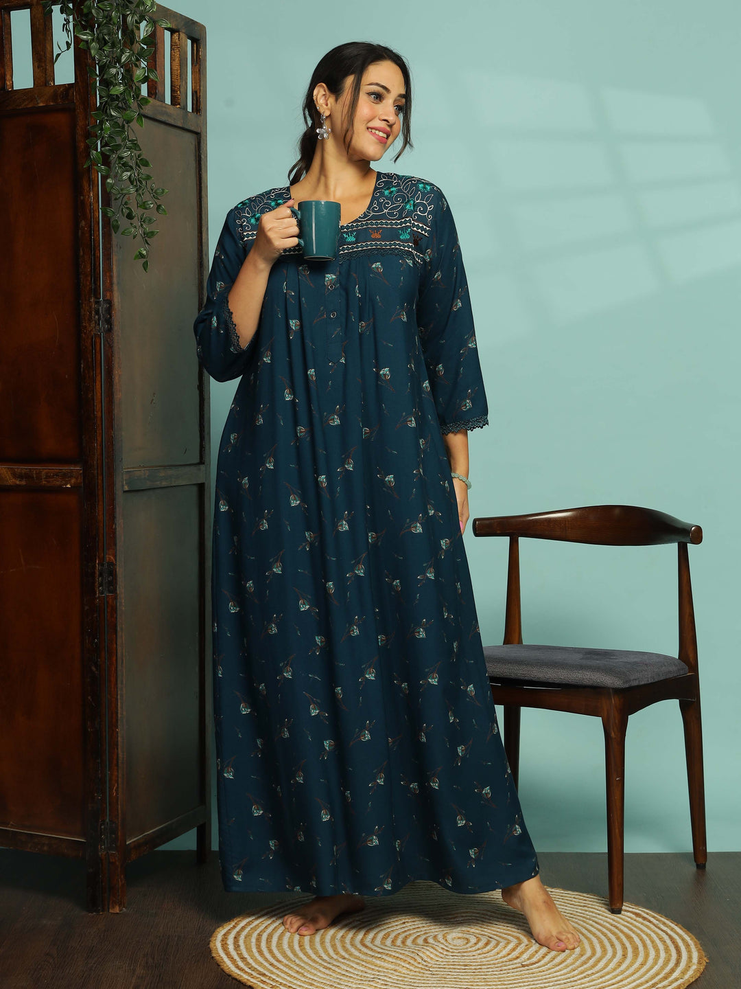 Alpine Sea Blue Designer Nighty for Women With Stylish & Comfortable