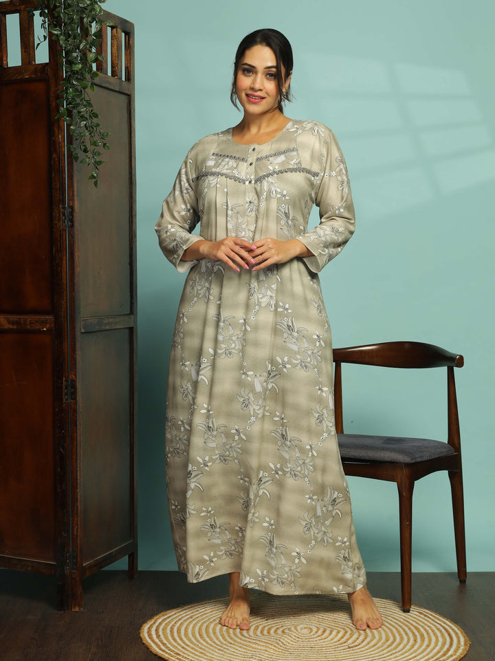 Graceful Light Grey Long Nighty With Breathable Fabric for All Seasons