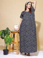 Crush Floral Embroidered Nighty for Women in Dark Green Relaxed Fit