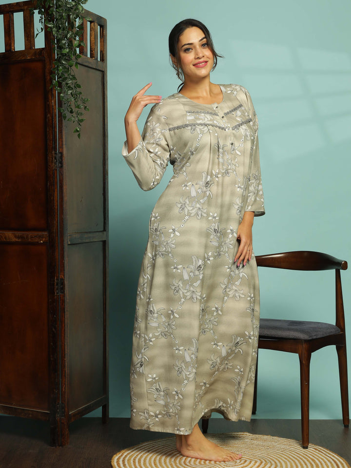 Graceful Light Grey Long Nighty With Breathable Fabric for All Seasons