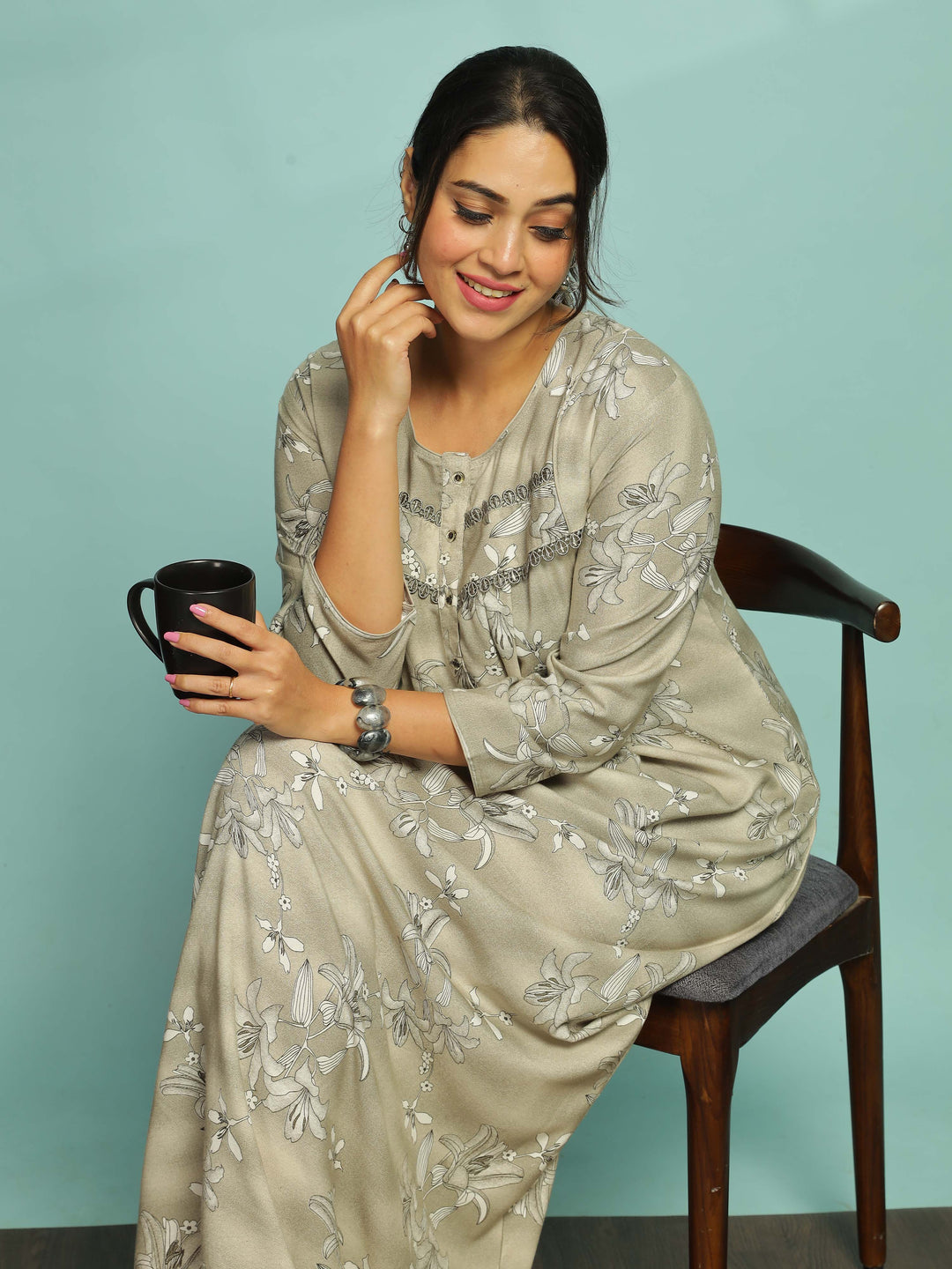 Graceful Light Grey Long Nighty With Breathable Fabric for All Seasons