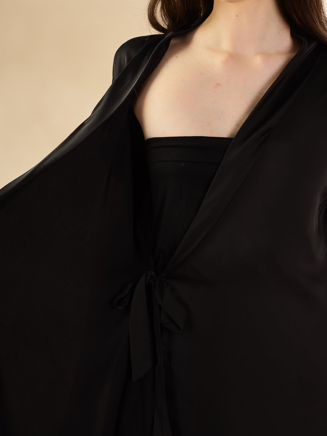 Black Satin House Coat Nighty with Pockets and Waist Tie