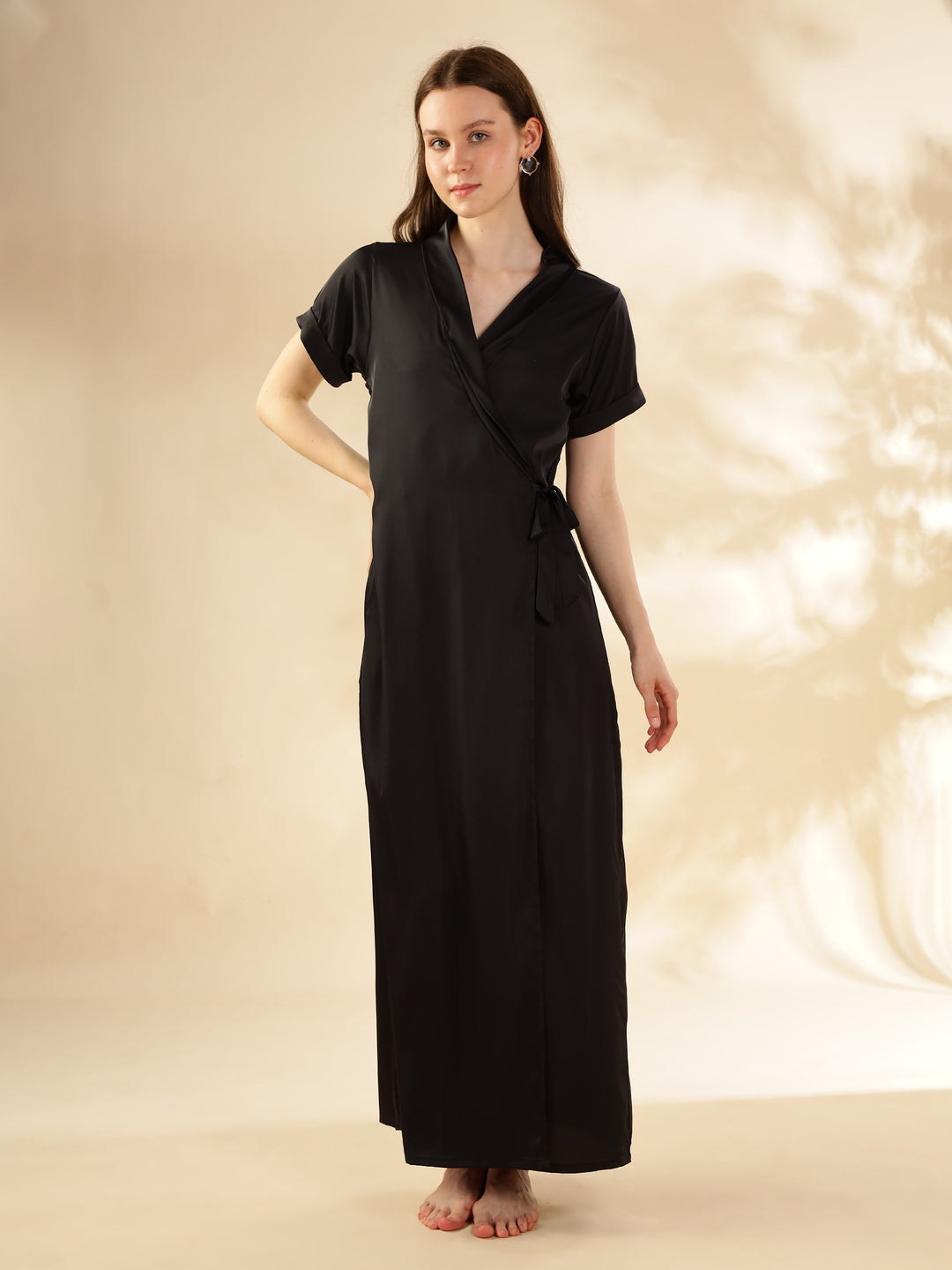 Black Satin House Coat Nighty with Pockets and Waist Tie