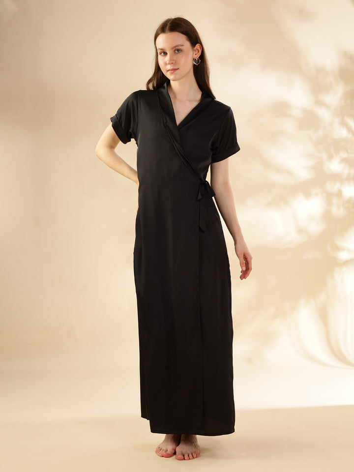 Black Satin House Coat Nighty with Pockets and Waist Tie