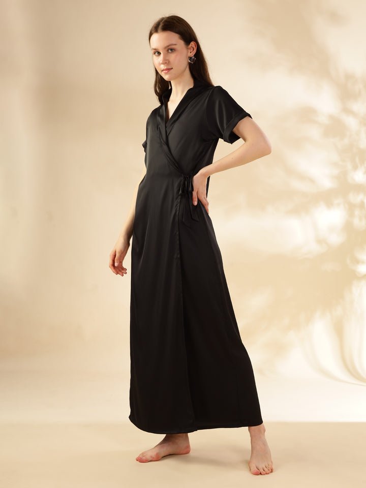 Black Satin House Coat Nighty with Pockets and Waist Tie