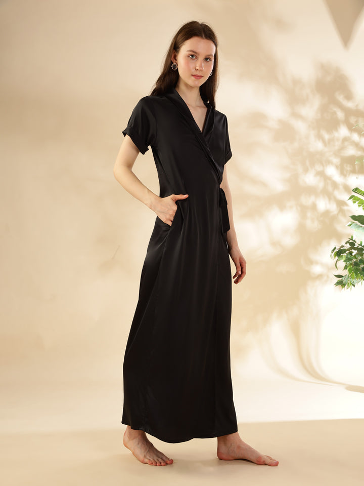 Black Satin House Coat Nighty with Pockets and Waist Tie