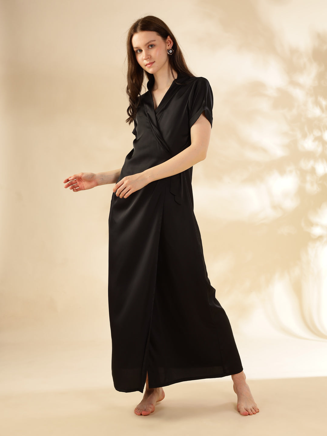 Black Satin House Coat Nighty with Pockets and Waist Tie