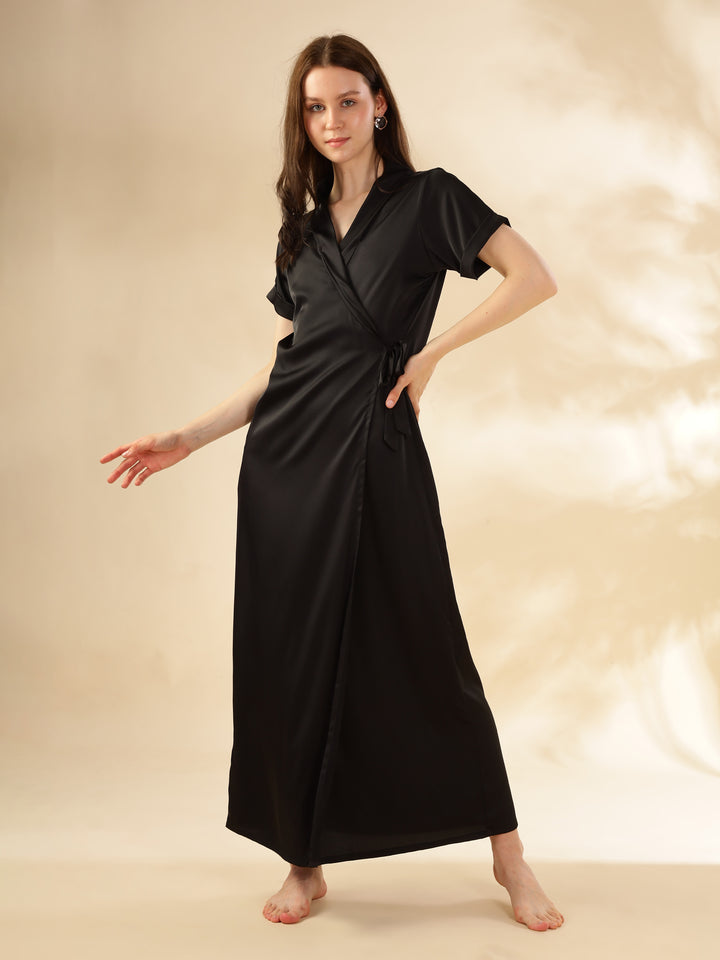 Black Satin House Coat Nighty with Pockets and Waist Tie