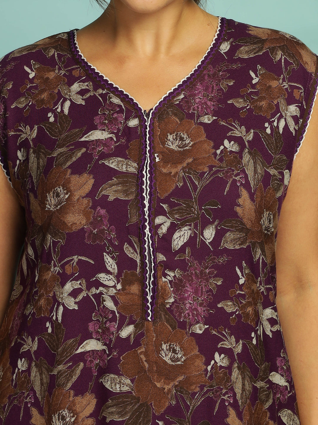 Stylish Purple Floral A-Line Nighty with Extra Sleeves