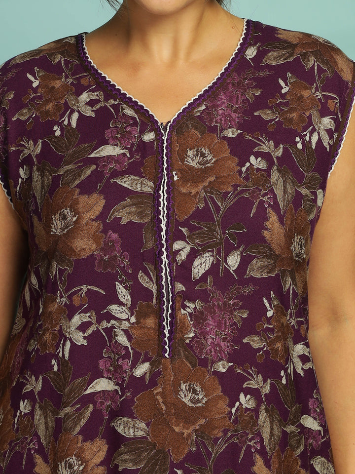 Stylish Purple Floral A-Line Nighty with Extra Sleeves