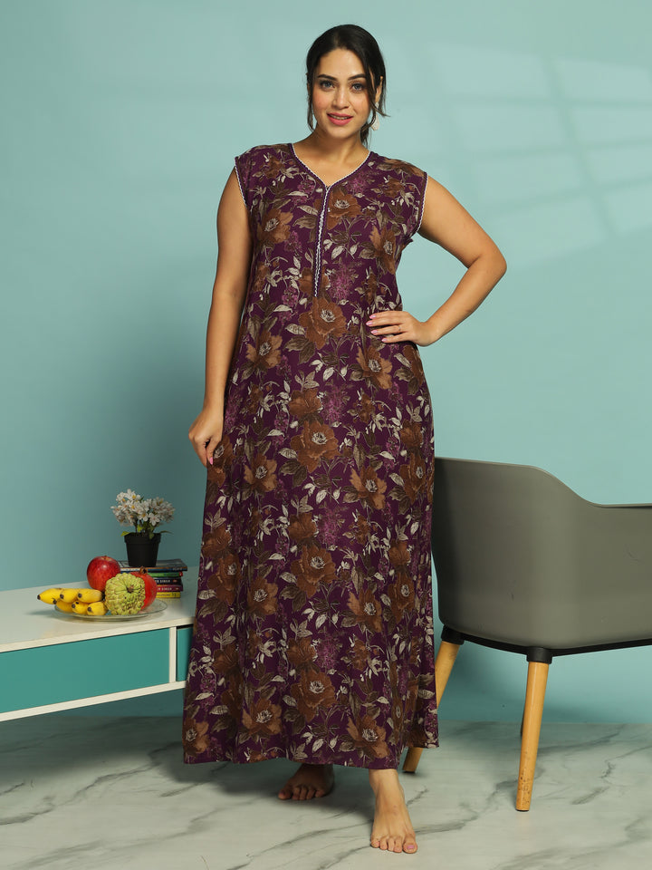 Stylish Purple Floral A-Line Nighty with Extra Sleeves