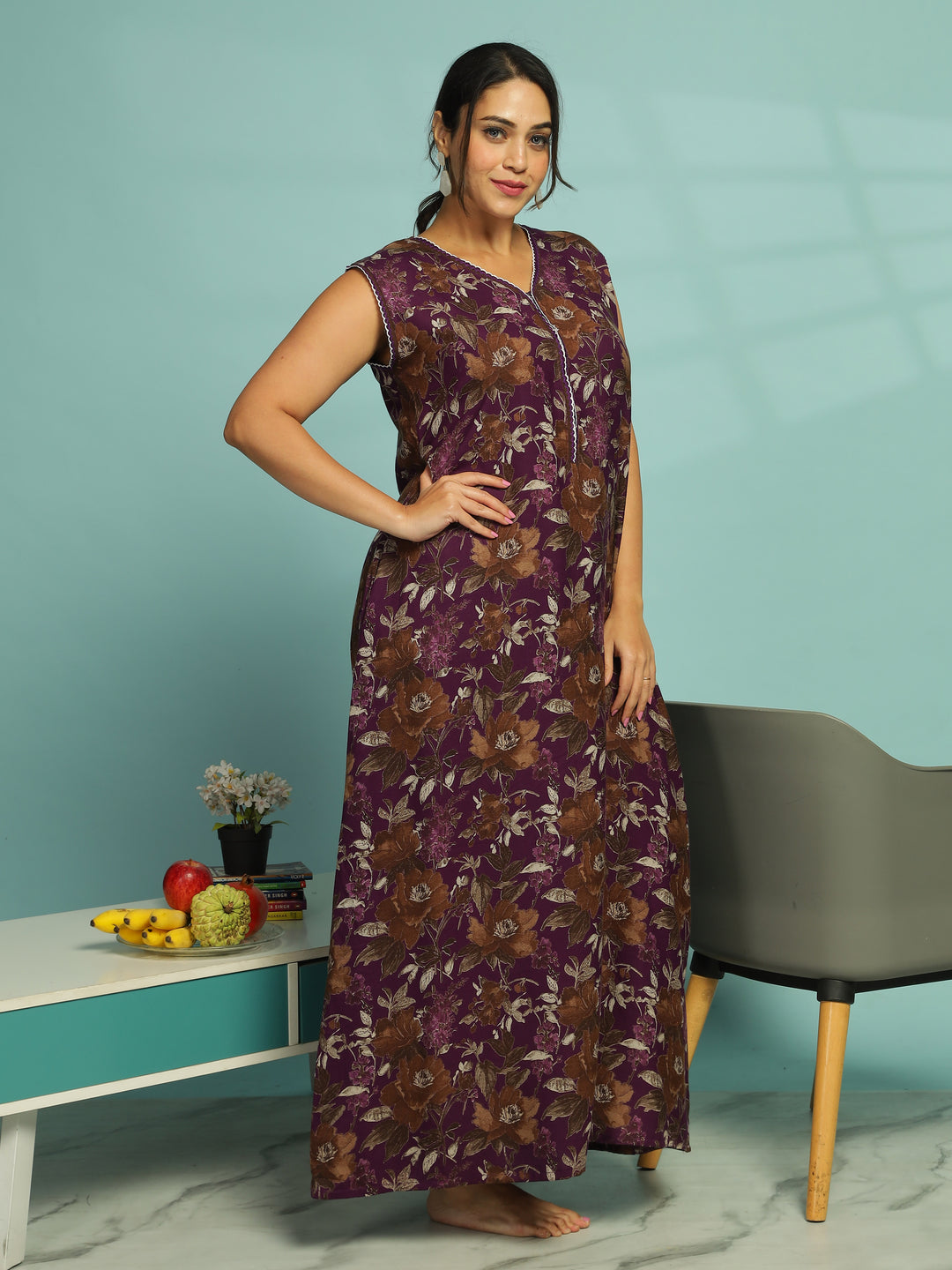 Stylish Purple Floral A-Line Nighty with Extra Sleeves