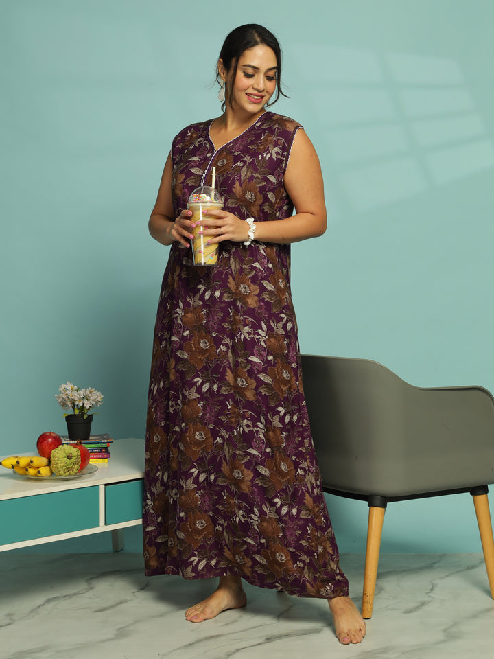 Stylish Purple Floral A-Line Nighty with Extra Sleeves