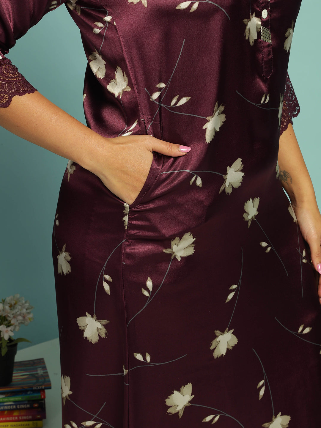 Stylish Dark Purple Floral Satin Nighty for Women 