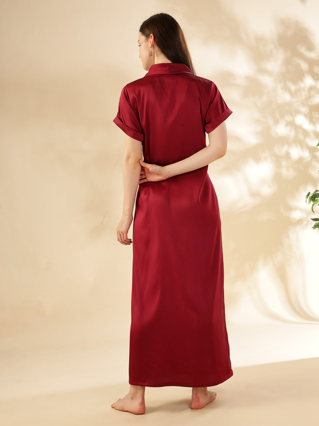 Stylish Red Satin Maxi Robe House Coat For Women 