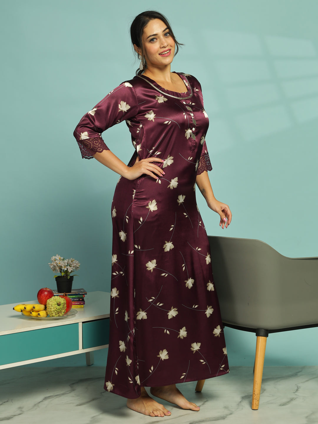 Stylish Dark Purple Floral Satin Nighty for Women 