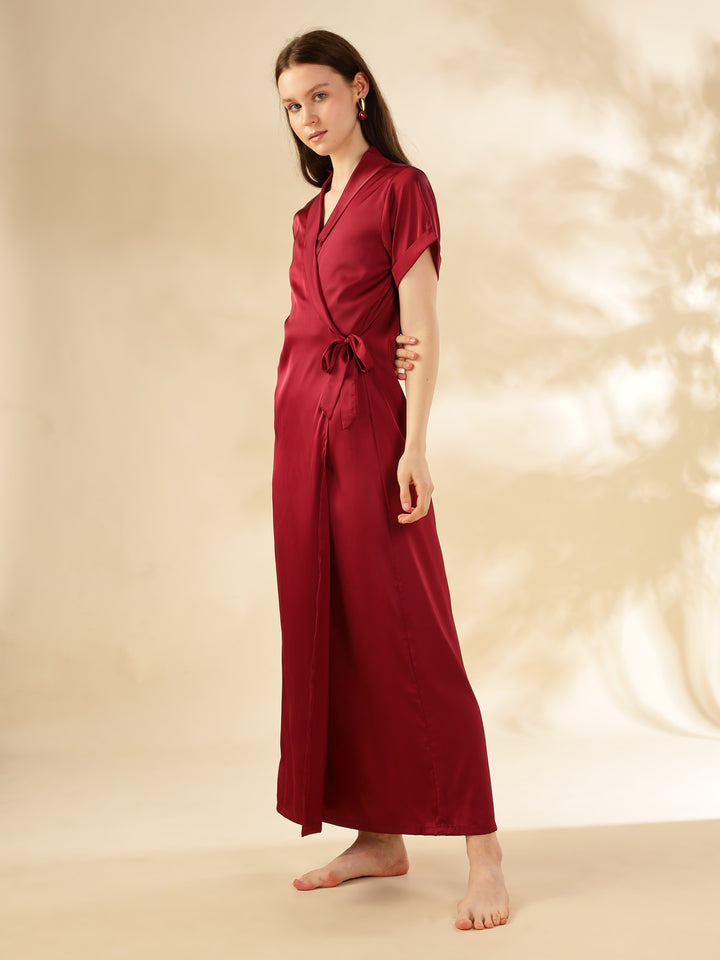 Stylish Red Satin Maxi Robe House Coat For Women 