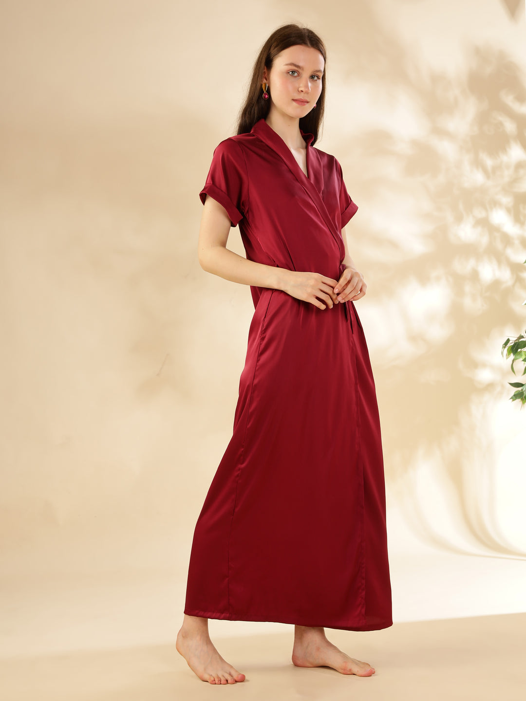 Stylish Red Satin Maxi Robe House Coat For Women 