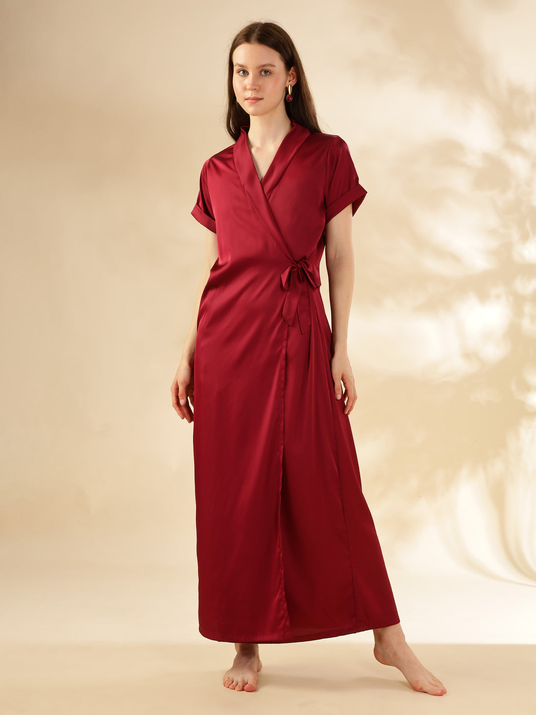 Stylish Red Satin Maxi Robe House Coat For Women 