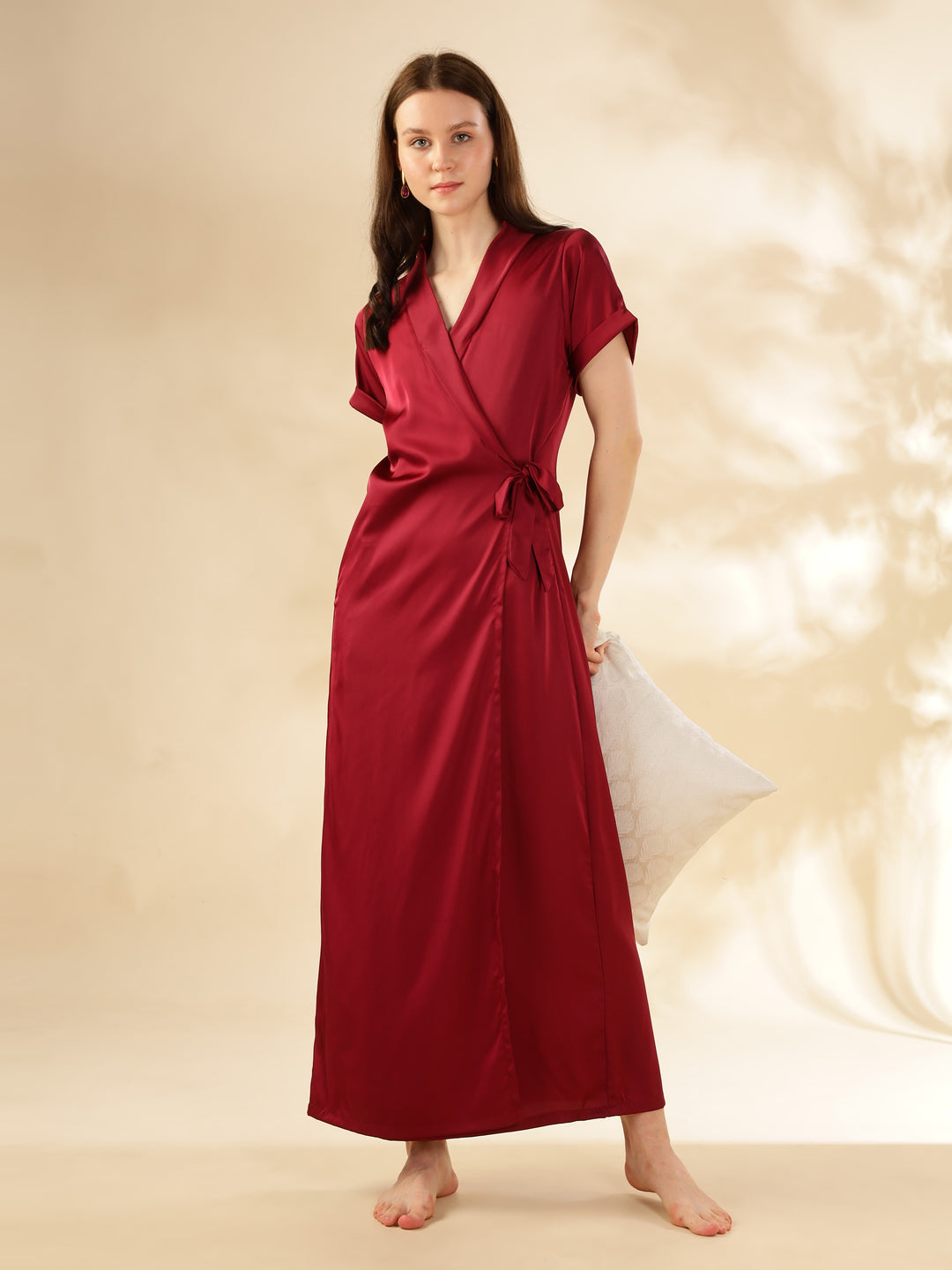 Stylish Red Satin Maxi Robe House Coat For Women 