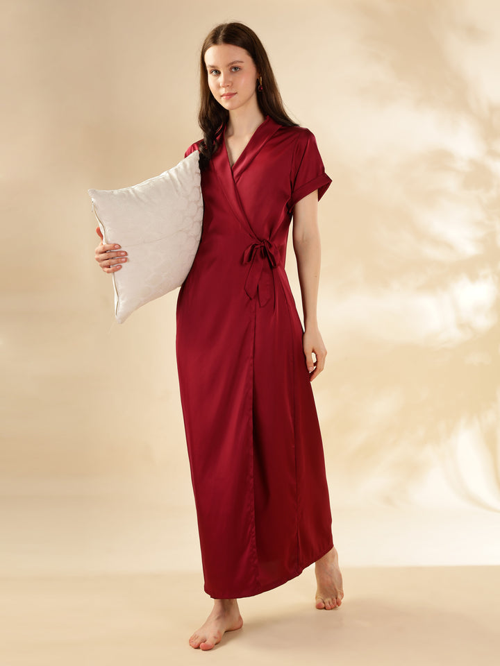 Stylish Red Satin Maxi Robe House Coat For Women 