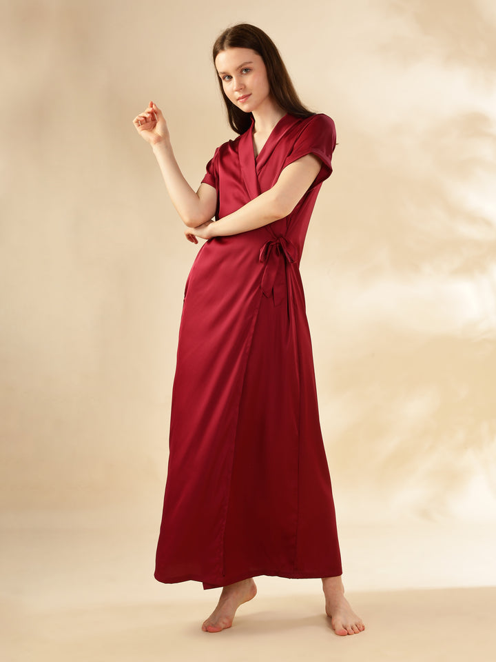 Stylish Red Satin Maxi Robe House Coat For Women 