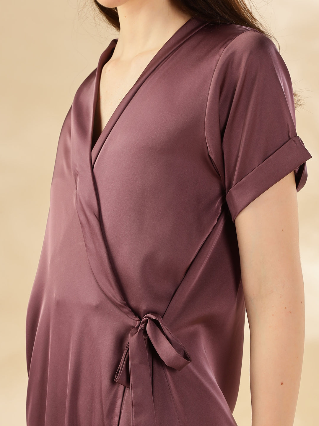 Elegant Front Open Maxi Grape Satin House Coat For Women