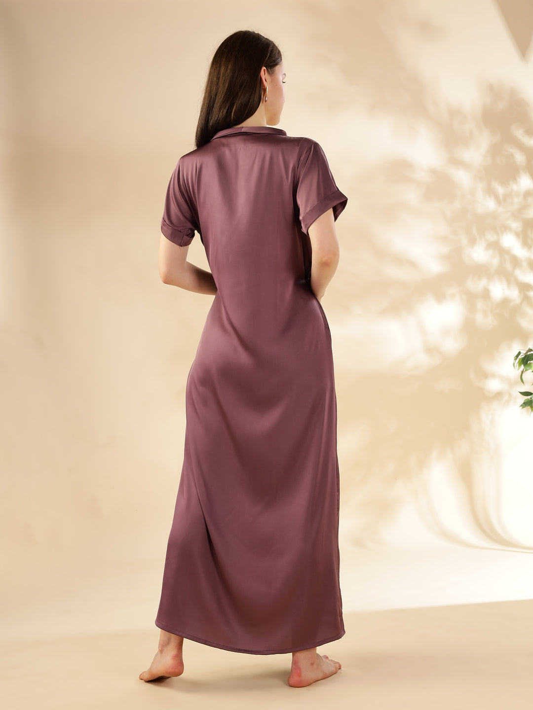 Elegant Front Open Maxi Grape Satin House Coat For Women