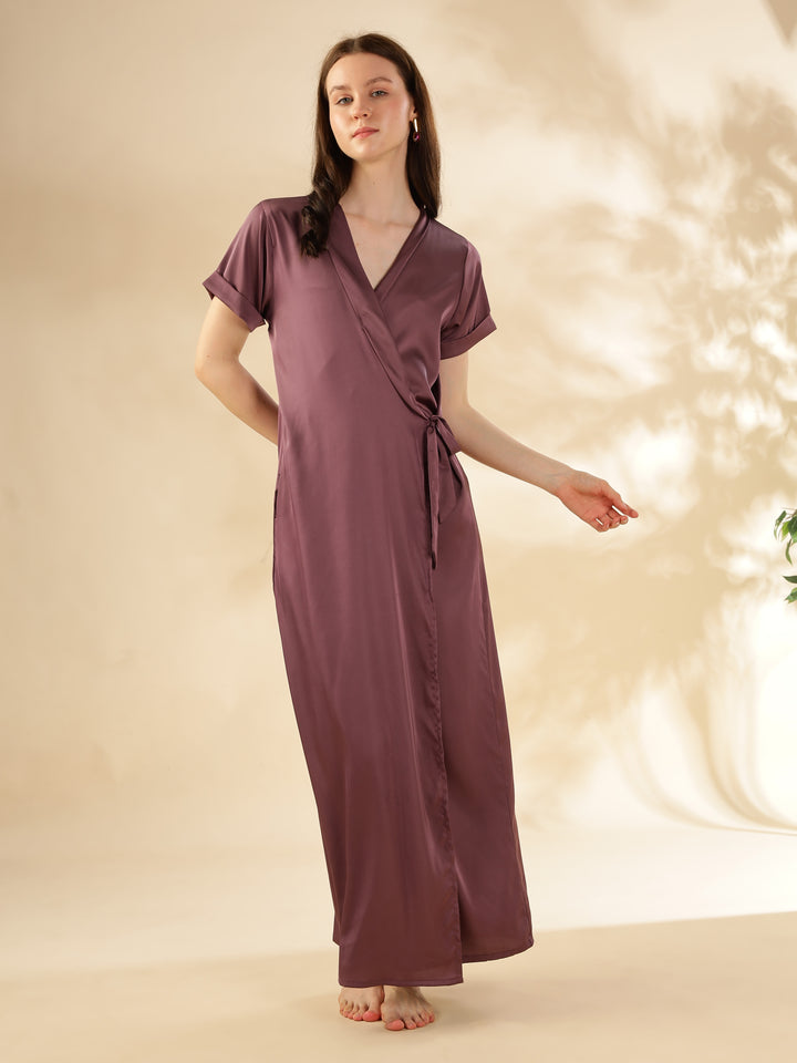 Elegant Front Open Maxi Grape Satin House Coat For Women